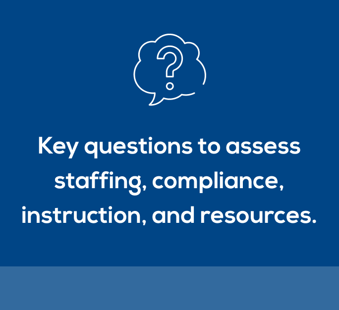 Key questions to assess staffing, compliance, instruction, and resources.